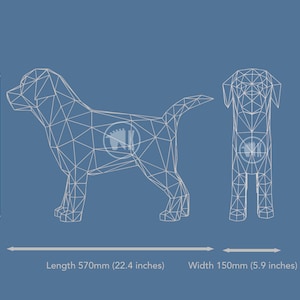 May include: A wireframe illustration of a dog in a standing position. The dog is 15.7 inches tall, 22.4 inches long, and 5.9 inches wide.
