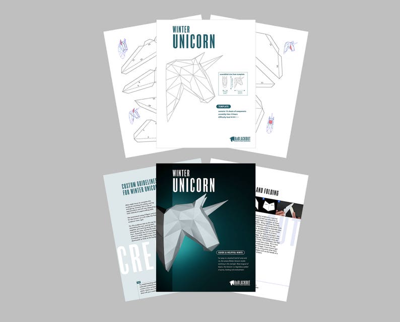 May include: A set of instructions for building a papercraft winter unicorn. The instructions include a template, custom guidelines, and folding instructions. The unicorn is white with a blue horn and is shown in a 3D rendering on the cover.