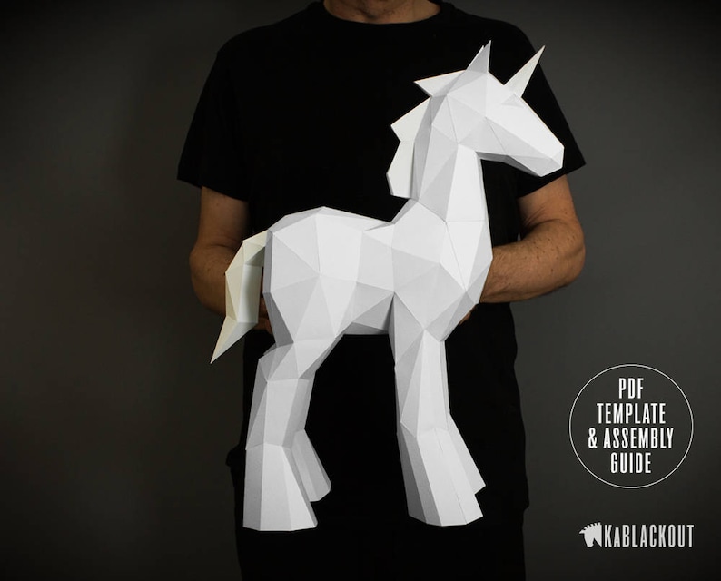 Papercraft Einhorn Vorlage, DIY Einhorn Papiermodell, Low Poly Einhorn Skulptur, Einhorn Dekor, 3D Papier Einhorn Druckbare PDF Vorlage Bild 4