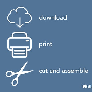 May include: White line drawing illustration showing the steps to download, print, cut, and assemble a paper craft project. The steps are shown in a vertical column with a cloud icon, a printer icon, and a pair of scissors.