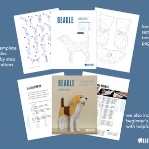 May include: A printable papercraft template for building a Beagle dog. The template includes step-by-step instructions and a sample template page. The instructions include a "Getting Started" section and a "Fold and Assembly" section. The image also includes the text "KABLACKOUT".