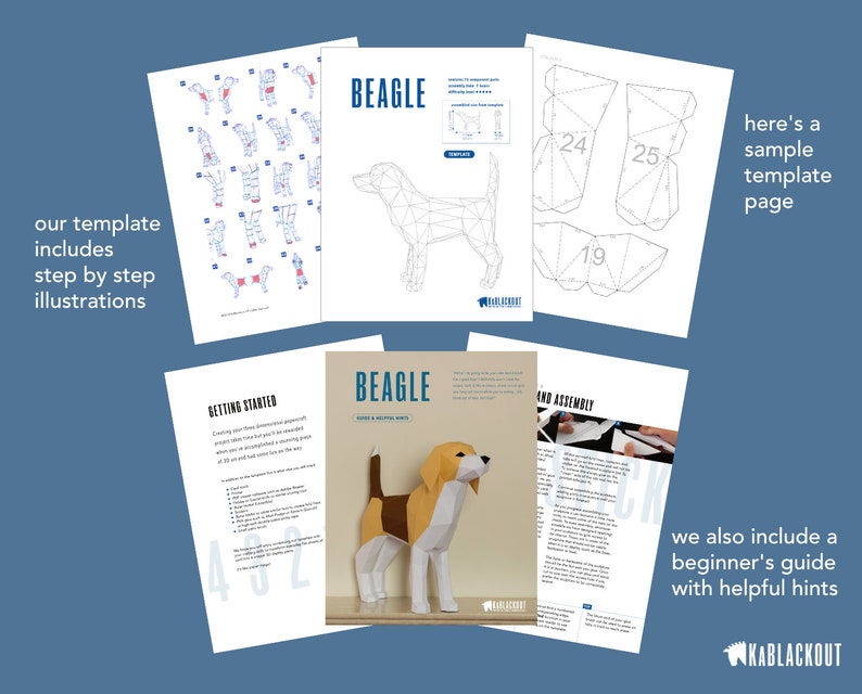 May include: A printable papercraft template for building a Beagle dog. The template includes step-by-step instructions and a sample template page. The instructions include a "Getting Started" section and a "Fold and Assembly" section. The image also includes the text "KABLACKOUT".