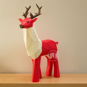 Papercraft-sjabloon hert, doe-het-zelf papercraft hert, Low Poly hert, kerst 3D-papercraft, origami hert, doe-het-kerstversiering, pdf