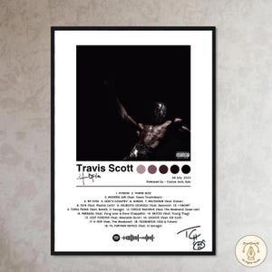 May include: A black and white album cover for Travis Scott's Utopia album. The cover features a silhouette of a person with their arms raised. The album title is written in white text with a black outline. The album release date and labels are listed below the title. The album tracklist is listed below the release information.