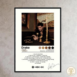 May include: A black and white album cover for Drake's album "Take Care". The album cover features a photo of Drake sitting at a table with a lit candle and a golden goblet. The album title "Take Care" is written in white text on a black background. The album's release date, "15 November, 2011", and the record label, "Cash Money Records", are listed below the album title. The album's tracklist is listed below the release information. The tracklist includes the song titles "Over My Dead Body", "Shot For Me", "Headlines", "Crew Love", "Take Care", "Marvins Room", "Buried Alive Interlude", "Under Ground Kings", "We'll Be Fine", "Make Me Proud", "Lord Knows", "Cameras/Good Ones Go Interlude", "Doing It Wrong", "The Real Her", "Look What You've Done", "HYFR", "Practice", "The Ride", and "The Motto".