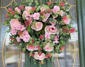 Heart Shaped Valentine's Wreath – Pink Roses & Eucalyptus Door Decor