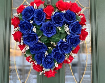 Fourth of July Wreaths - Patriotic Wreaths for Front Door - Patriotic Heart Shaped Wreath - Rose Wreath - Love Wreaths - Valentine Wreath -