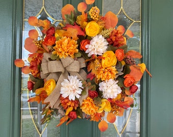 Fall Front Door Wreath: Thanksgiving Floral Centerpiece with Burlap Bow
