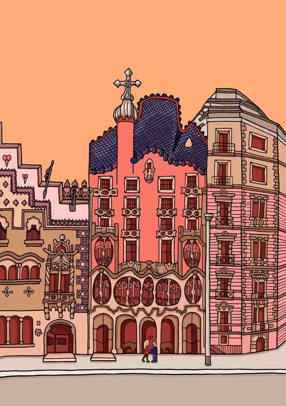 Postcard Print Illustration Barcelona Casa Batllo Etsy