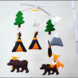 Woodland Animals Baby Cot Mobile, Nursery Mobile, Forest Animals Mobile, Teepee Clouds Bear Fox Mountain Musical Mobile/Felt Crib Mobile