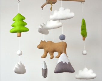 Forest Animal Baby Mobile on Wooden Hanger, Bear Pine Trees Mountains Clouds Nursery Mobile, Woodland Theme Nursery Decoration, Cot Mobile