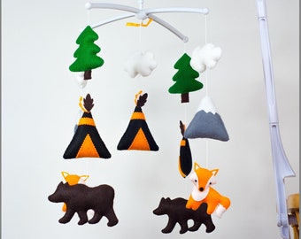 Woodland Animals Baby Cot Mobile, Nursery Mobile, Forest Animals Mobile, Teepee Clouds Bear Fox Mountain Musical Mobile/Felt Crib Mobile