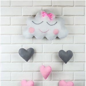 Cloud and Heart Decoration/Nursery Decoration/Pink Grey Mobile/Heart Decoration/Felt Nursery Decoration/Cloud Nursery Decor/Baby Wall Decor