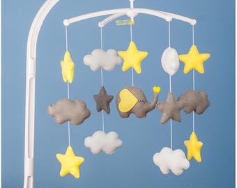 Stunning Baby Stars Clouds Decor/Nursery Mobile/Cot Mobile/Felt Mobile/Baby Shower Gift/Grey Yellow Elephant Mobile/Crib Mobile/Nursery Deco