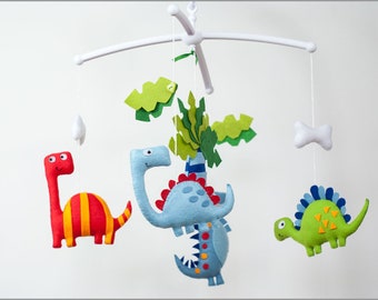 Musical Cot Mobile with Dinosaurs Theme, Music Box and Cot Arm Holder, Bones and Green Leaves, Perfect Shower Gift and Nursery Decoration,