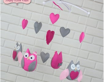 Owl Heart Baby Mobile, Nursery Mobile, Cot Mobile, Felt Mobile, Baby Shower Gift, Baby Gift, Pink Grey Mobile - Nursery Decoration - Gift