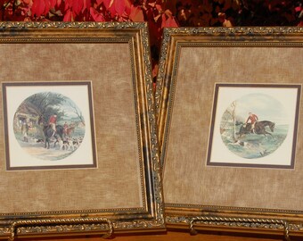 Framed Pair of Circled Hunt Scenes Colored Engravings Here comes the hounds/ Gone Away.