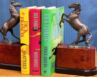 Rearing Horse Bronze Bookends Mounted on Bueatiful Burled Wood Base