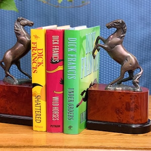 Rearing Horse Bronze Bookends Mounted on Bueatiful Burled Wood Base