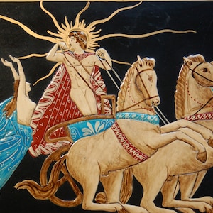 Pintura griega de Apolo montando un carro solar de 4 caballos