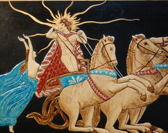 Greek Painting of Apollo Riding 4 Horse Sun Chariot