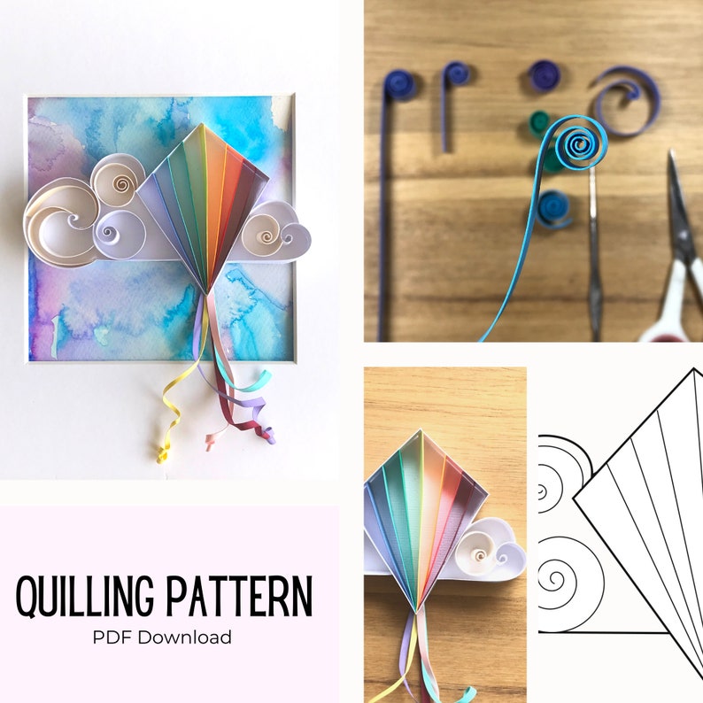 Quilling Rainbow Kite PDF File , Beginner Pattern and template, Easy Instructions, Paper Art, Cloud in the wind design image 1