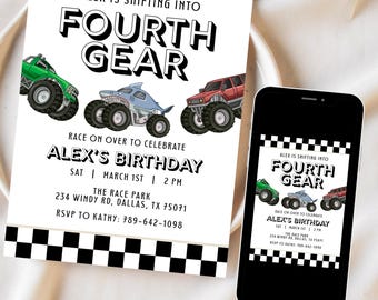 Shifting into Fourth Gear Birthday Monster Truck Racing Invitation Canva Template Digital Download
