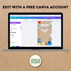 May include: A laptop screen displays a Canva design for a "Welcome to First Grade" door banner. The banner features school supplies, a red apple, and the text "Welcome to Ms. Maisels First Grade Class." The image also includes the text "Edit with a Free Canva Account."