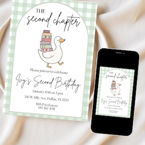May include: A birthday invitation with a pale green gingham pattern. The invitation includes the text "The second chapter" and "Ivy's Second Birthday". A cartoon duck carrying books is also featured. A smartphone displays the same invitation.