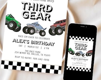 Shifting into Third Gear Birthday Monster Truck Racing Invitation Canva Template Digital Download