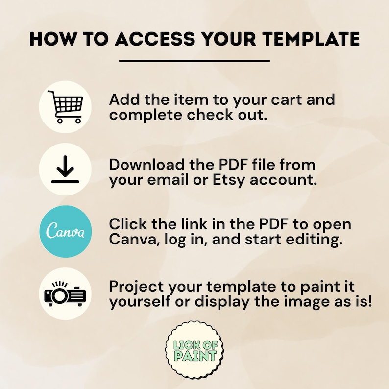 May include: A beige graphic with the text "HOW TO ACCESS YOUR TEMPLATE" and instructions for downloading and using a template. Includes icons of a shopping cart, a downward arrow, the Canva logo, and a projector. The LICK OF PAINT logo is at the bottom.