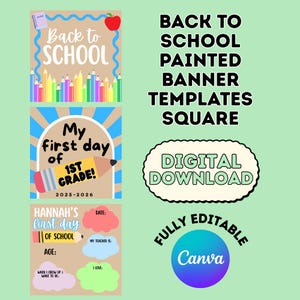 Back to School Square Banner Template, Painted First Day of School Banner Digital Download, Canva Template Square Banner