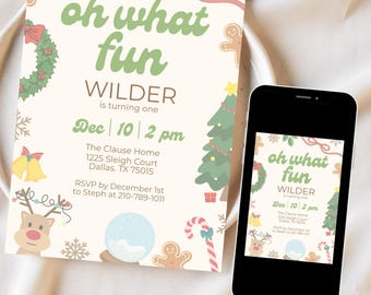 Puede incluir: Una invitación festiva para el cumpleaños de Wilder con el texto "oh what fun". El diseño incluye ilustraciones navideñas como un árbol de Navidad y hombrecitos de jengibre. Un smartphone muestra la misma invitación.