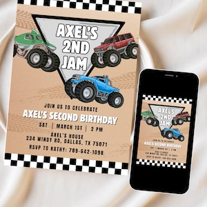 May include: A birthday invitation with a monster truck theme. The design includes illustrations of green, red, and blue monster trucks. The invitation text reads "Axel's 2nd Jam" and includes the date, time, and location of the party.