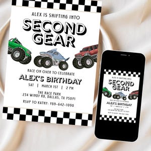 May include: A birthday party invitation with a black and white checkered border. The invitation features illustrations of monster trucks and the text "Alex is shifting into Second Gear" and "Race on over to celebrate Alex's Birthday". A smartphone displays the same design.