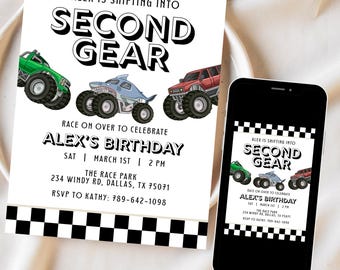 Shifting into Second Gear Birthday Monster Truck Racing Invitation Canva Template Digital Download