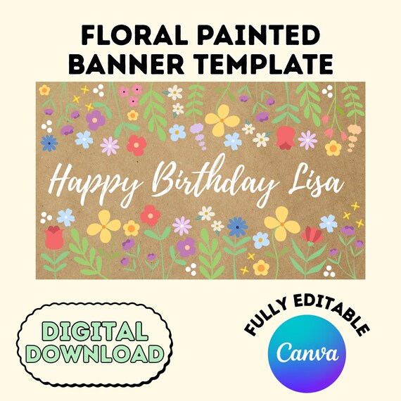 Digital Floral Painted Banner Template, Happy Birthday Floral Banner, Congratulations Banner Template, Canva Editable Template Download