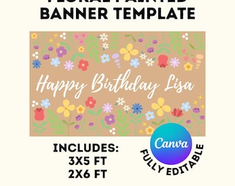 Digital Floral Painted Banner Template, Happy Birthday Floral Banner, Congratulations Template, Canva Editable Template Download, 3x5 & 2x6