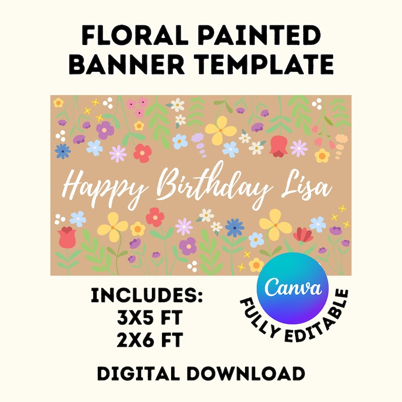 Digital Floral Painted Banner Template, Happy Birthday Floral Banner, Congratulations Template, Canva Editable Template Download, 3x5 & 2x6 image 1