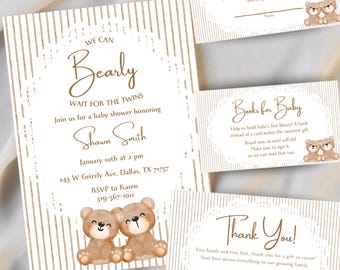 We can Bearly Wait Teddy Bear Shower Invitation Bundle Canva Template Digital Download Diaper Raffle Books for Baby and Thank You Included