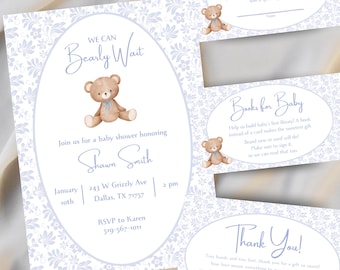 We can Bearly Wait Blue Teddy Shower Invitation Bundle Canva Template Digital Download Diaper Raffle Books for Baby and Thank You Included