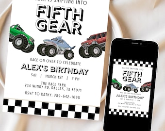Shifting into Fifth Gear Birthday Monster Truck Racing Invitation Canva Template Digital Download