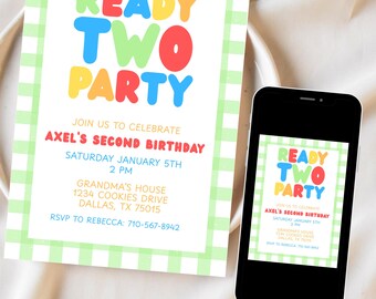 Ready Two Party Second Birthday Invitation Bubble Letters Primary Colors Canva Template Download