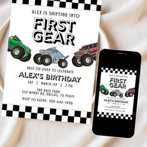 May include: A birthday party invitation with a black and white checkered border. The invitation reads "Alex is Shifting Into First Gear" with illustrations of monster trucks. The invitation also includes party details and a phone number.