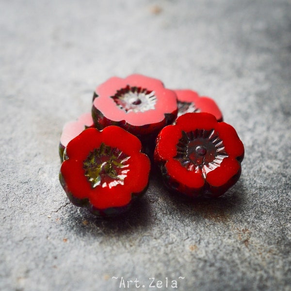 FLEURS HAWAIENNES ROUGES X6 Perles Hibiscus Verre Tchèque Premium Picasso Rouge Ecarlate 12mm [07_32]