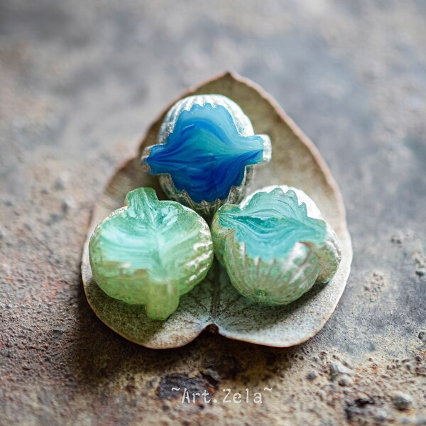 SATURNE BLEU VERT X4 Perles Tchèques Premium Originales Mix Opalescent Bleu Vert 12x11mm  [15_32]