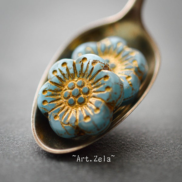 ROSES SAUVAGES BLEU X2 Grandes Perles Verre Tchèque Mat Bleu Ciel Doré 18mm [00_18]