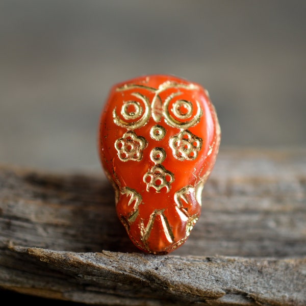 CHOUETTE HIBOU CORAIL X2 Perles Verre Tchèque Opalescent Rouge Orangé Doré 15x11mm [00_25]