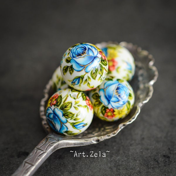 TENSHA FLEURS BLEUES X1 Perle Artisanale Japonaise Résine Motifs Floraux Bleu Blanc 16mm [16_30]