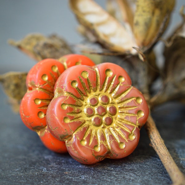 FLEURS ROUGE ORANGE X2 Grandes Perles Roses Sauvages Verre Tchèque Mat Doré 18mm [17_11]